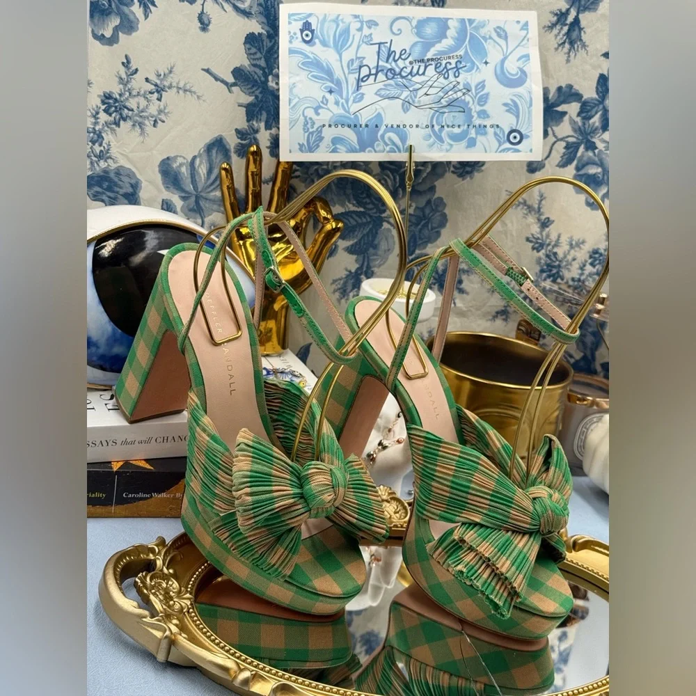🆕 LOEFFLER RANDALL 🧿 NWOB Natalia Pleated Bow Platform Sandal, Plaid Green Sz7